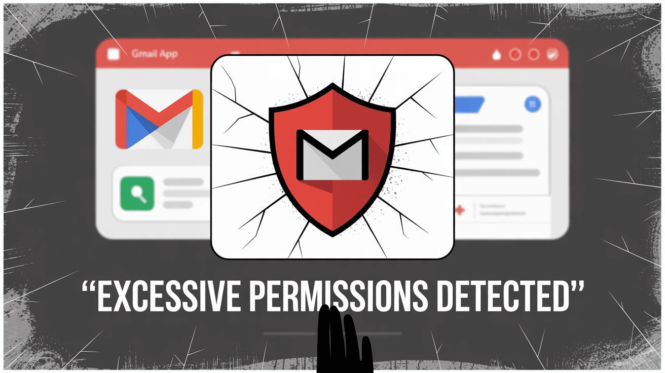 Security warning showing excessive Gmail app permissions detected with cracked shield and alert message